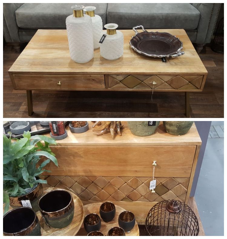 Stół i komoda z drewna z wycinanymi elementami Aluro