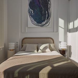 Sypialnia w stylu francuskim ze sztukaterią i zagłówkiem